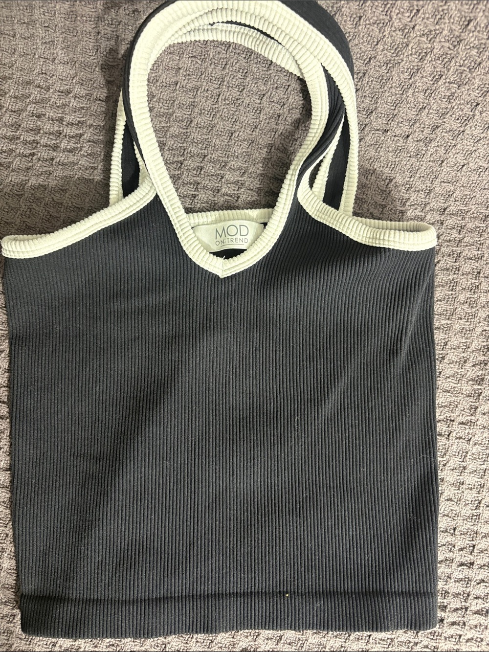 MOD On Trend Black Ribbed V-Neck Tank with Cream Trim